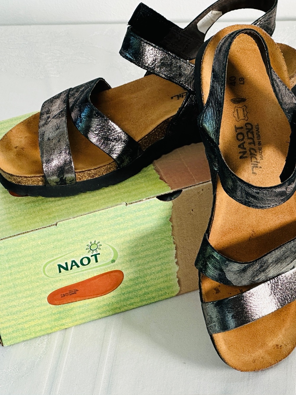 Naot Kayla Metallic Silver Black Sandals Leather Ankle Strap 9 EU 40